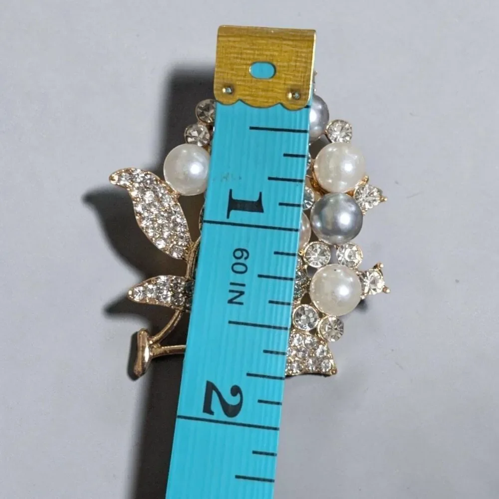 Pearl Rhinestone Floral Brooch, Gold Tone Flower Bouquet Pin, Cottagecore Brooch